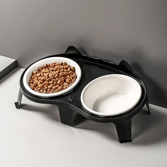 Cat Double Ceramic Bowl with Plastic Stand